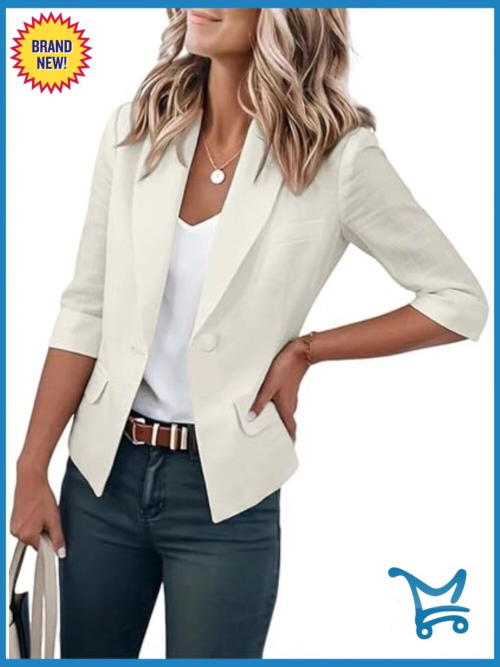 Cropped Cotton Blend Blazer Casual 3/4 Sleeve Lightweight Spring Summer Jacket